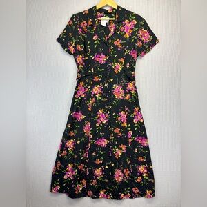 Miss Dorby Dress Bright Floral Collar Cottagecore Buttoned 80s Sz 12 Vintage